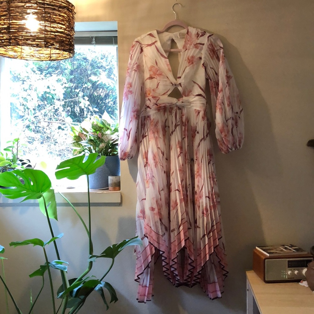 Zimmermann Handkerchief Hem Accordion Floral Cut Out Dress